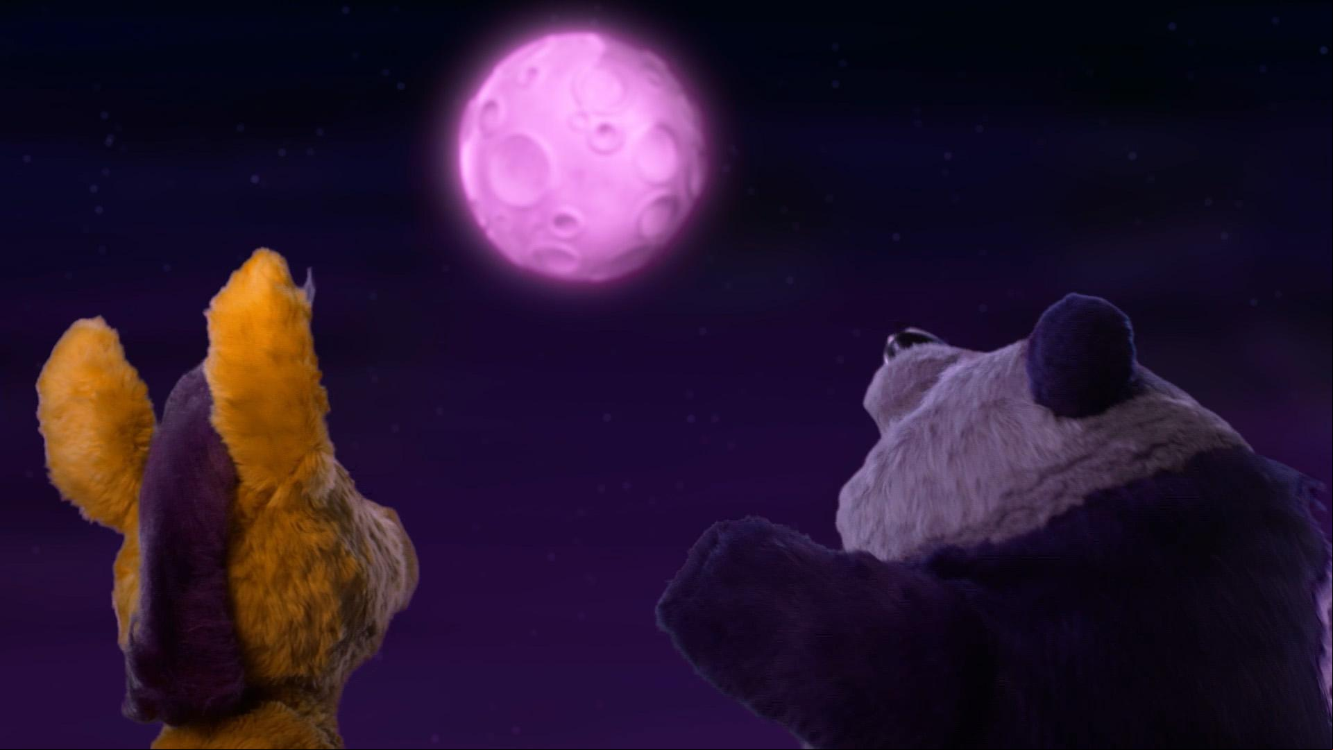 Panda finds a quiet way to greet the purple moon./The pals try to fix Panda’s spaceship.