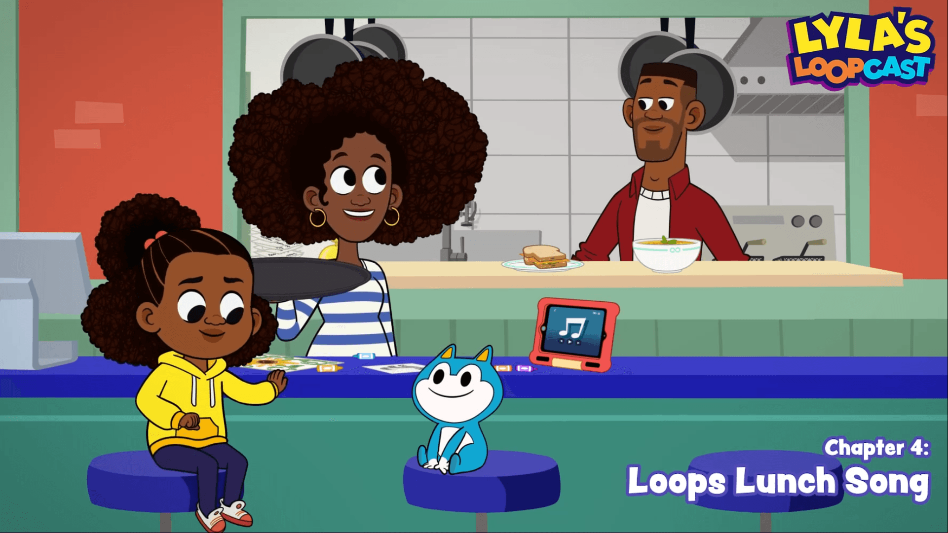 Lydia encourages Lyla and Stu to write a catchy jingle for Loops Lunch.