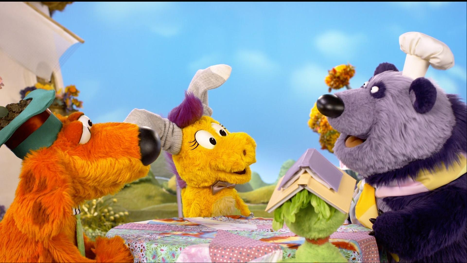 Donkey welcomes Panda, Duck Duck, and Bob Dog to her very wonky tea party.