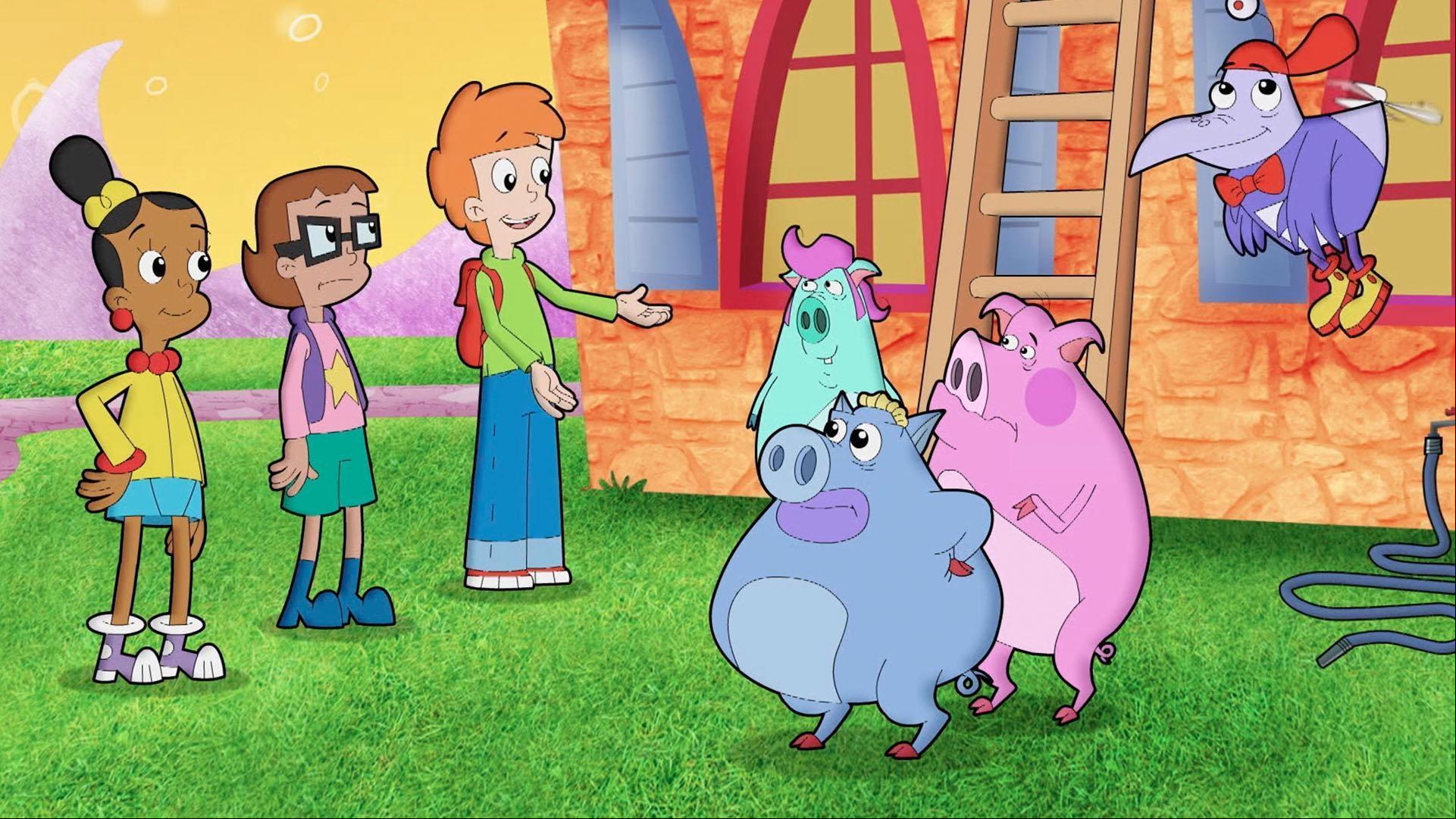 Three pigs are celebrating their new cottage with a housewarming party.