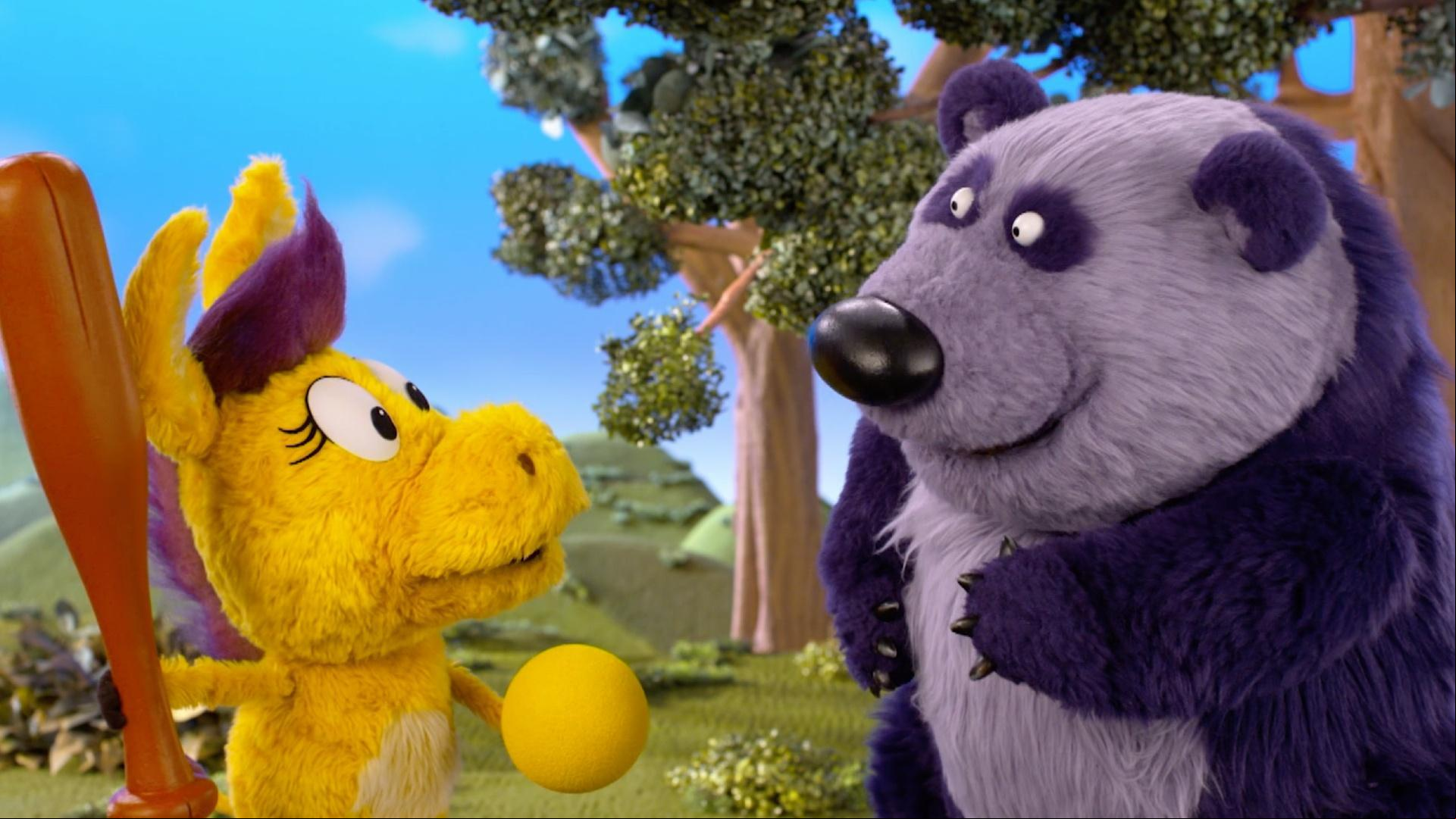 Donkey and Panda attract glowing bugs with music./Panda has a day without purple things.