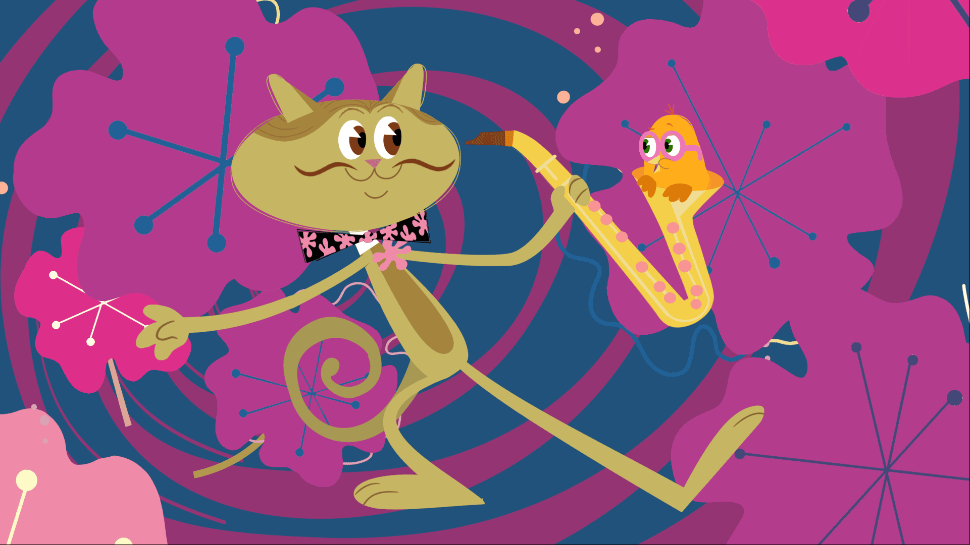 Rooster's friend Cat Calloway shows the Chick-a-Dees how wind instruments work.