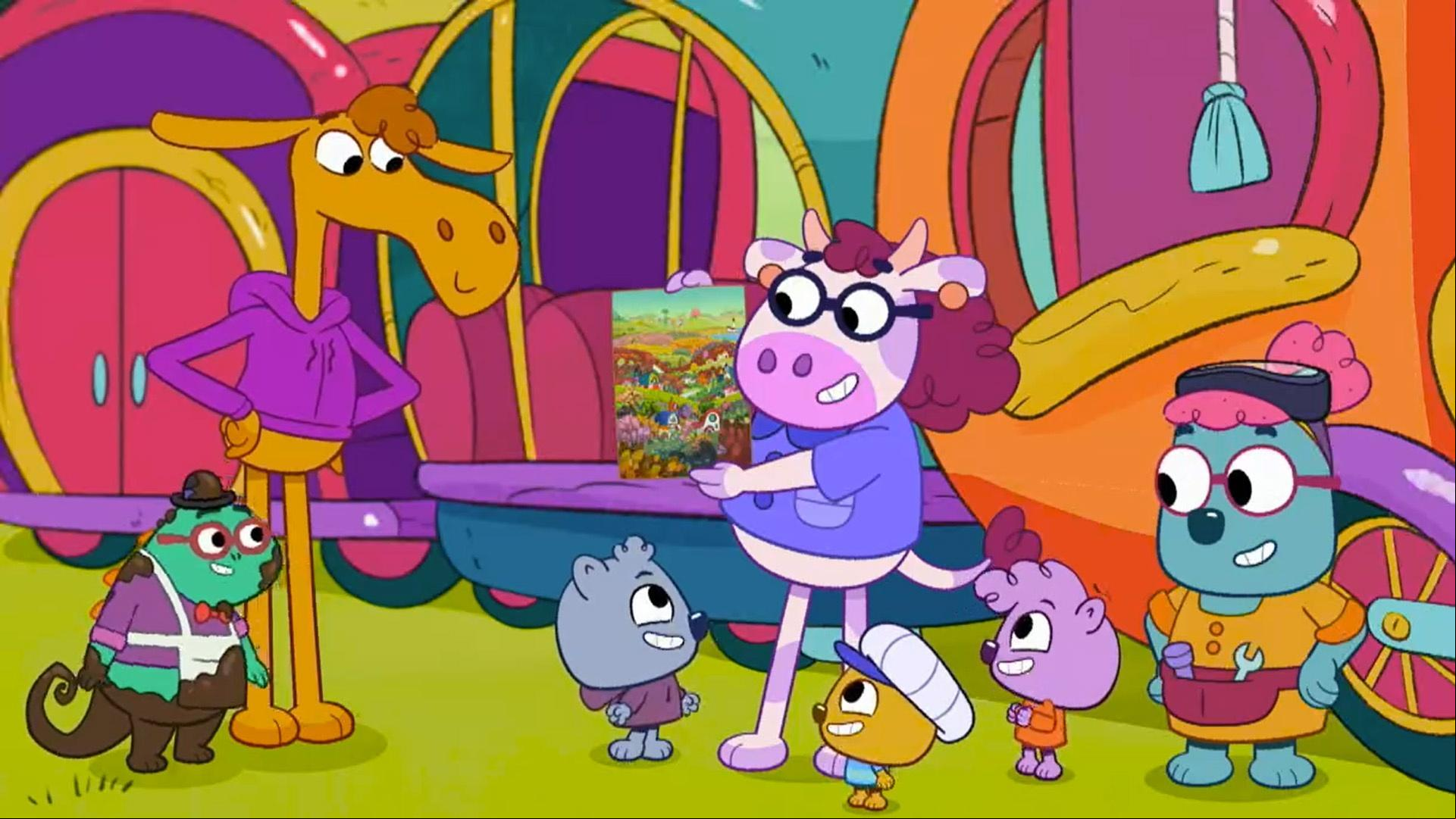 The Wombats help unstick a stuck train. / The Wombats bravely venture to Bellyflop
Lake.