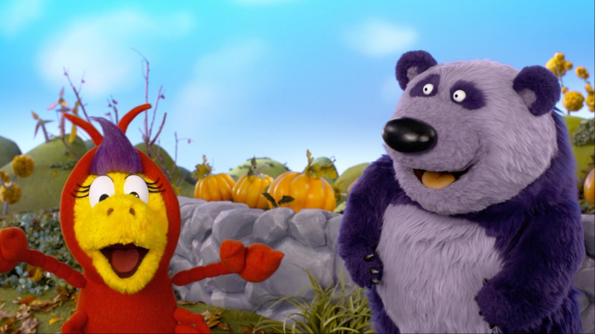Donkey Hodie shows Purple Panda all kinds of costumes he'll see on Halloween night.