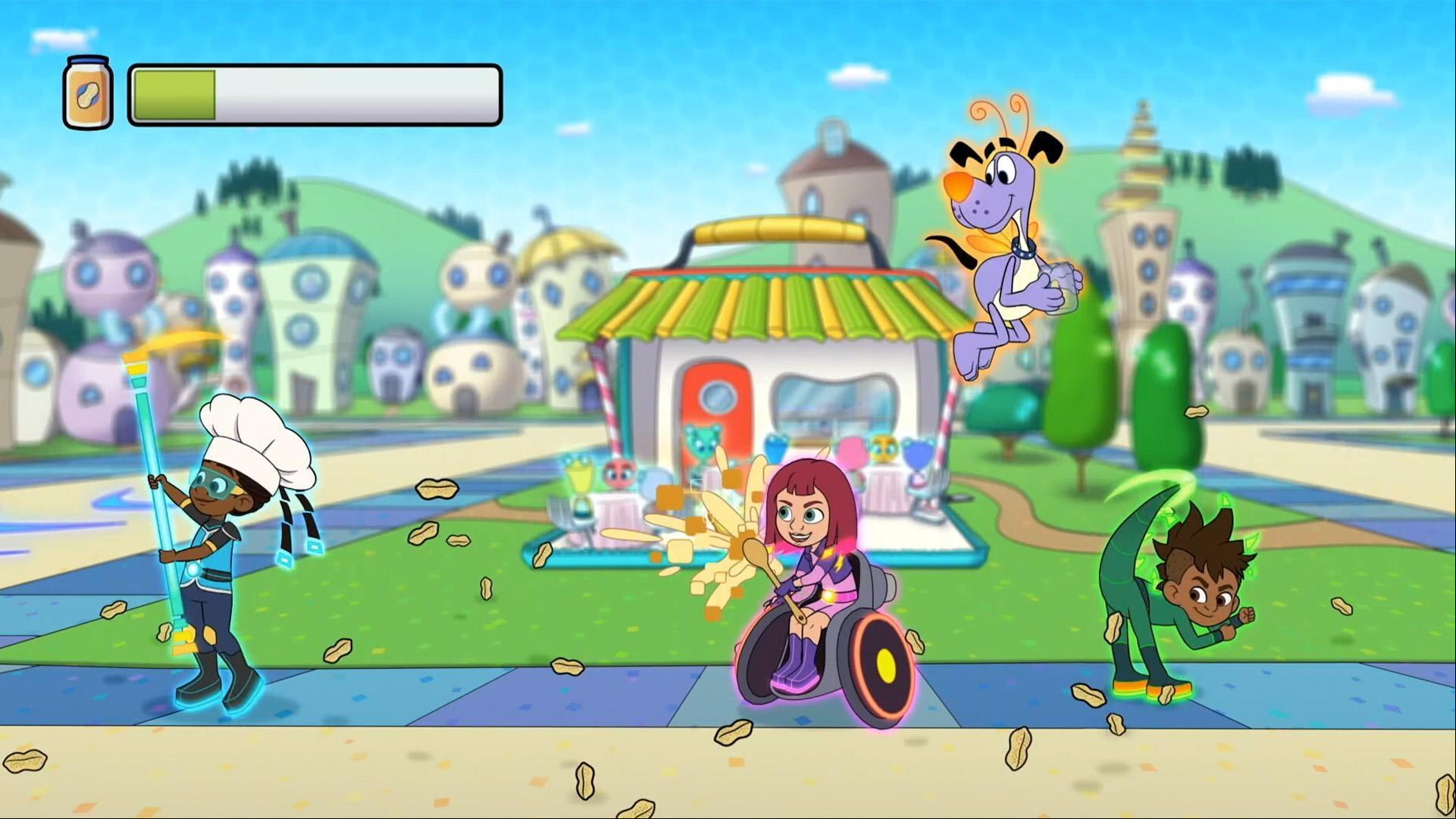 Chef Cora makes food for the hungry Beeples. / Dev helps planes take off and land.