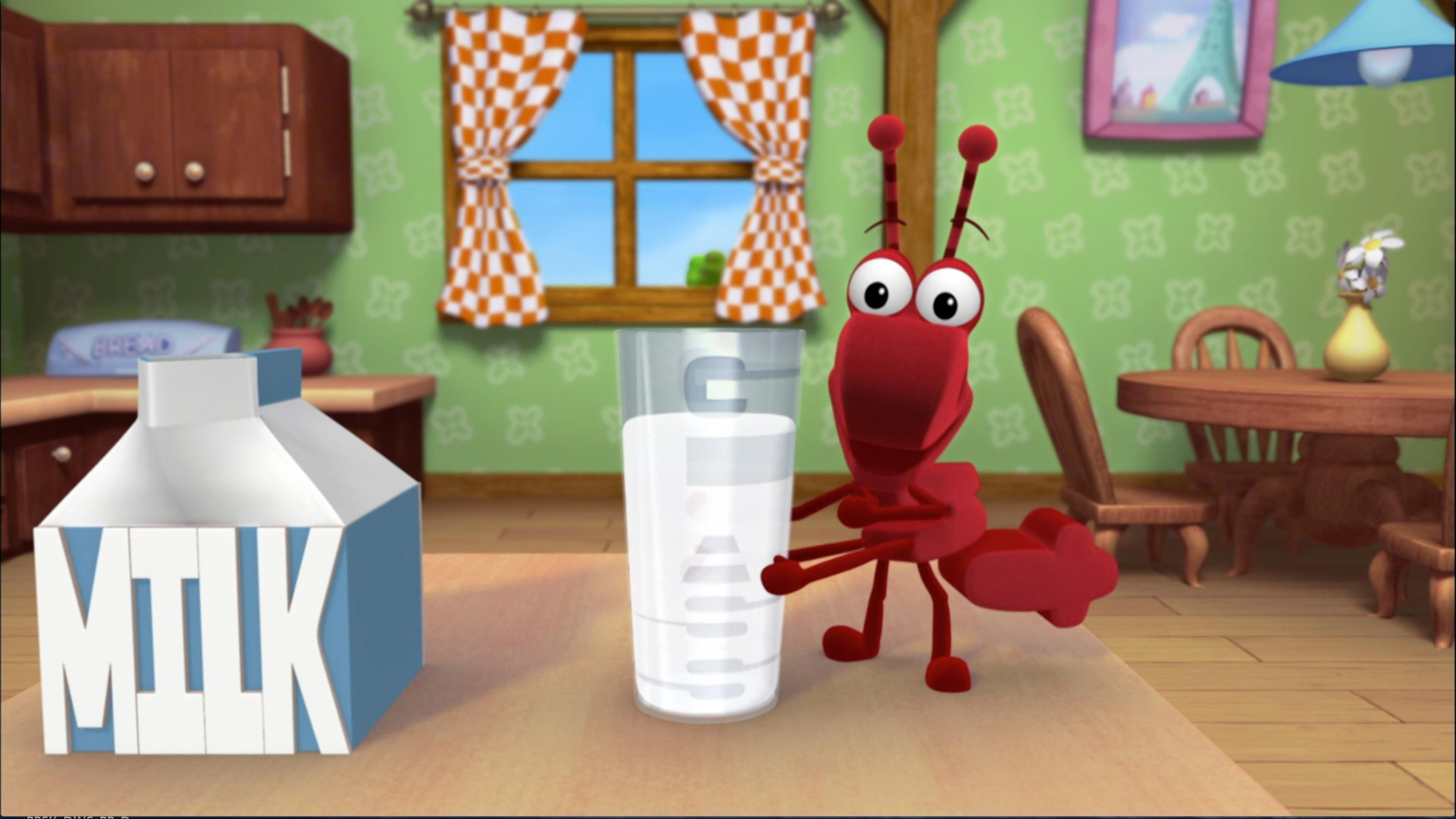 Pig makes Ant some Get-Well-Soon soup. / Pig encourages Ant to try some milk.