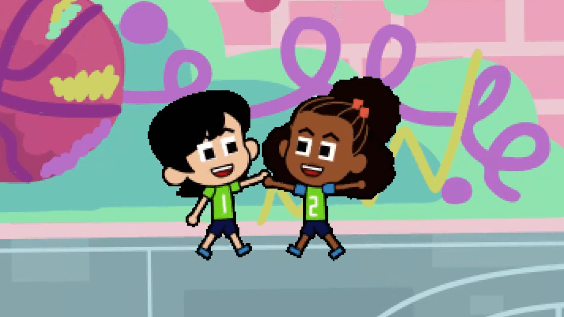 Lyla and Everett play a basketball game on their iPads