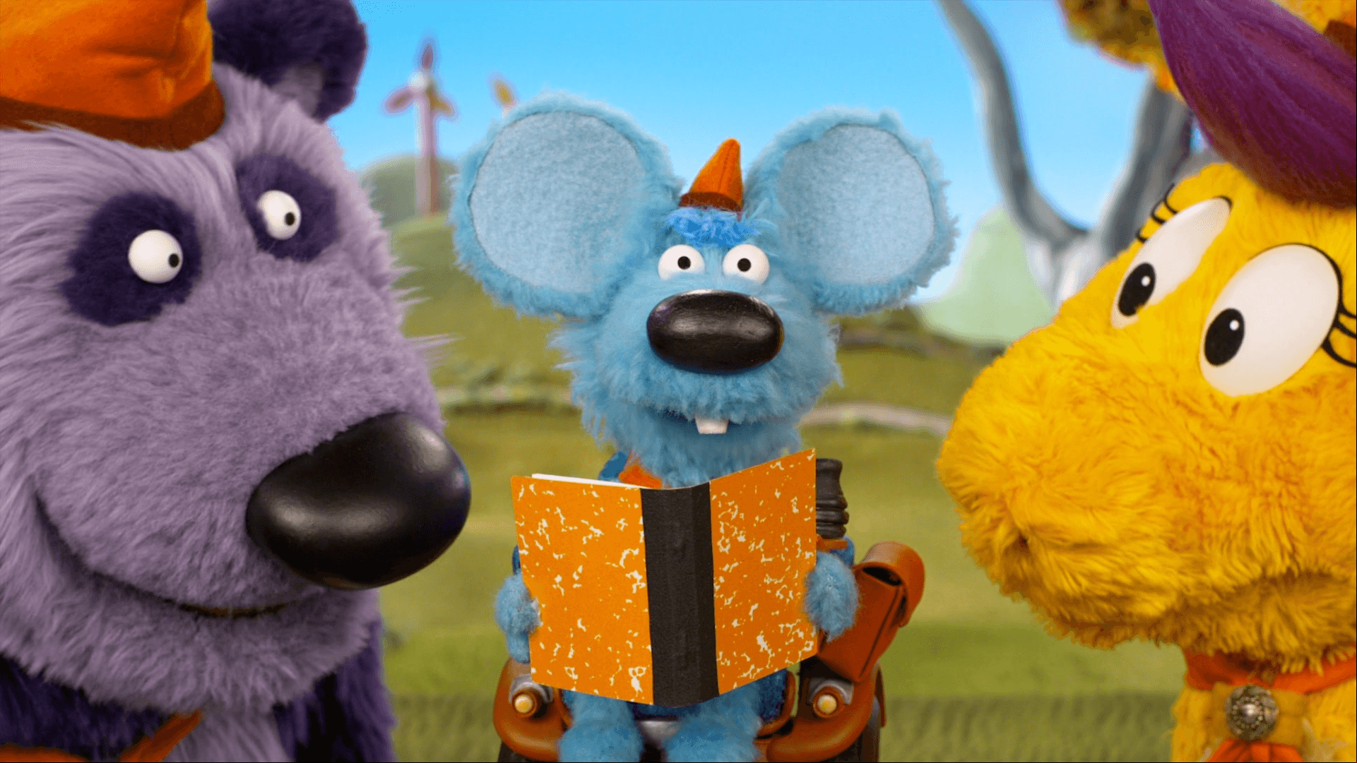 Jeff arrives at Donkey's windmill to search for a special moth with Donkey and Panda.