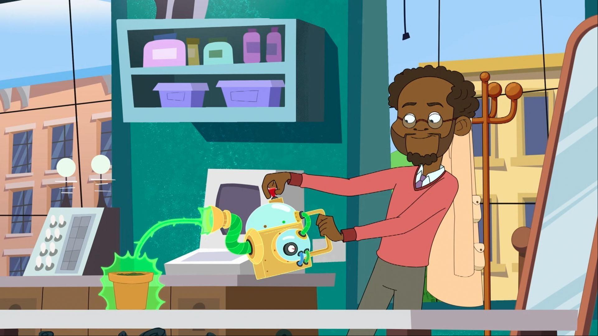 As Dr. Inventorman dashes off to an invention emergency, his Turbo Grower zaps a plant.